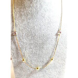 Gold Tone Necklace with Alternating Round Beads and Bezel-Set Crystals 23" Long